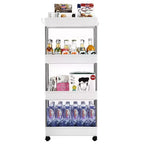 Chariot de rangement mobile à 4 niveaux – Plastique, 4 roues, 4 crochets, utilisation polyvalente