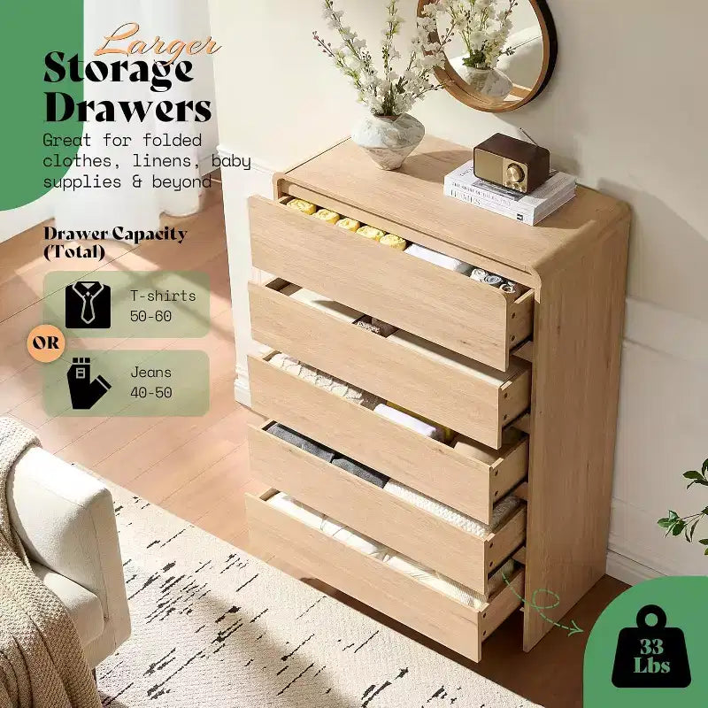 Commode de rangement moderne à 5 tiroirs – Coins arrondis, Finition grain de bois, Assemblage facile
