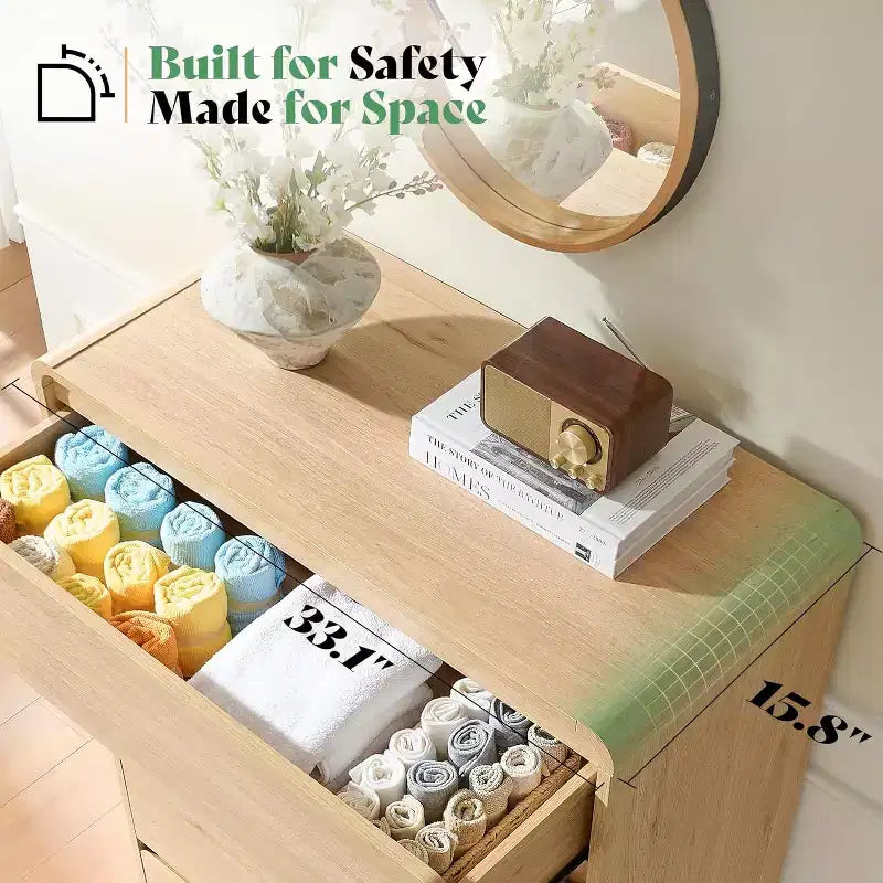Commode de rangement moderne à 5 tiroirs – Coins arrondis, Finition grain de bois, Assemblage facile