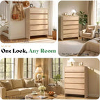 Commode de rangement moderne à 5 tiroirs – Coins arrondis, Finition grain de bois, Assemblage facile