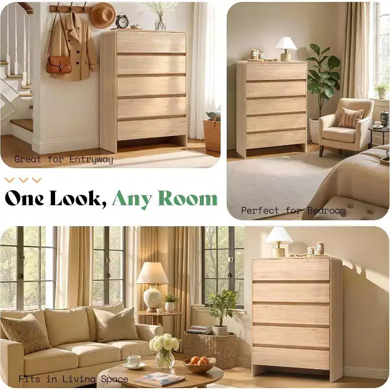 Commode de rangement moderne à 5 tiroirs – Coins arrondis, Finition grain de bois, Assemblage facile