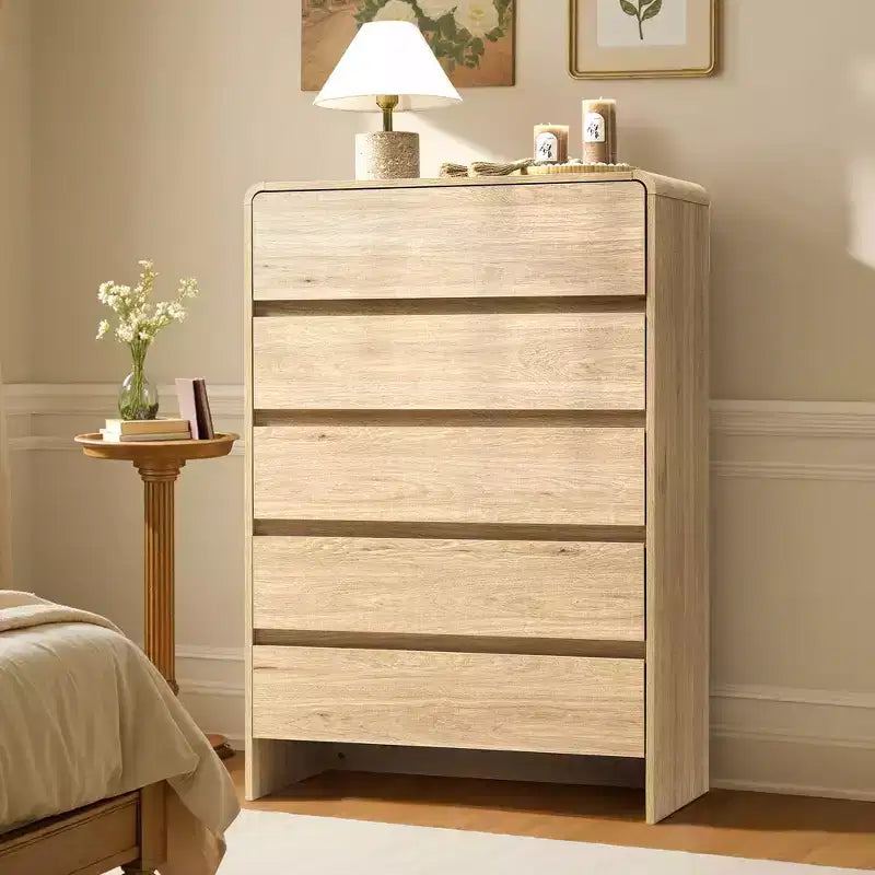 Commode de rangement moderne à 5 tiroirs – Coins arrondis, Finition grain de bois, Assemblage facile