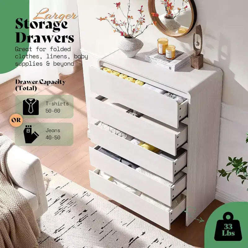 Commode de rangement moderne à 5 tiroirs – Coins arrondis, Finition grain de bois, Assemblage facile