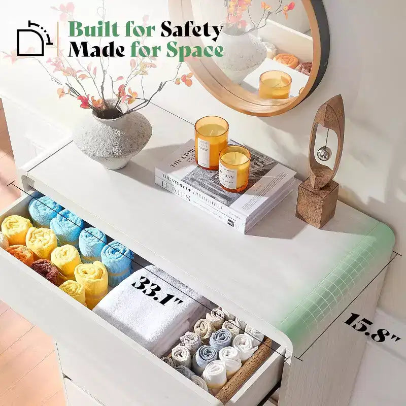 Commode de rangement moderne à 5 tiroirs – Coins arrondis, Finition grain de bois, Assemblage facile
