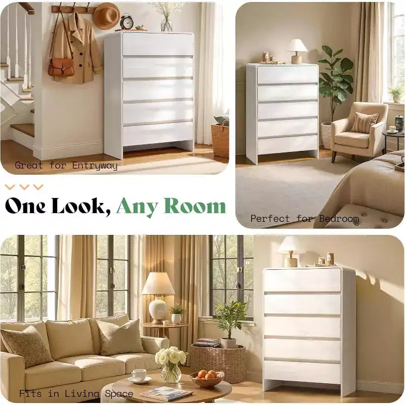 Commode de rangement moderne à 5 tiroirs – Coins arrondis, Finition grain de bois, Assemblage facile