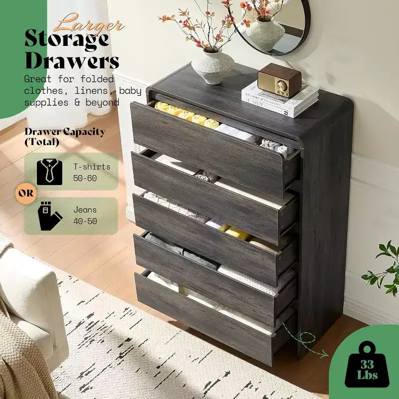 Commode de rangement moderne à 5 tiroirs – Coins arrondis, Finition grain de bois, Assemblage facile