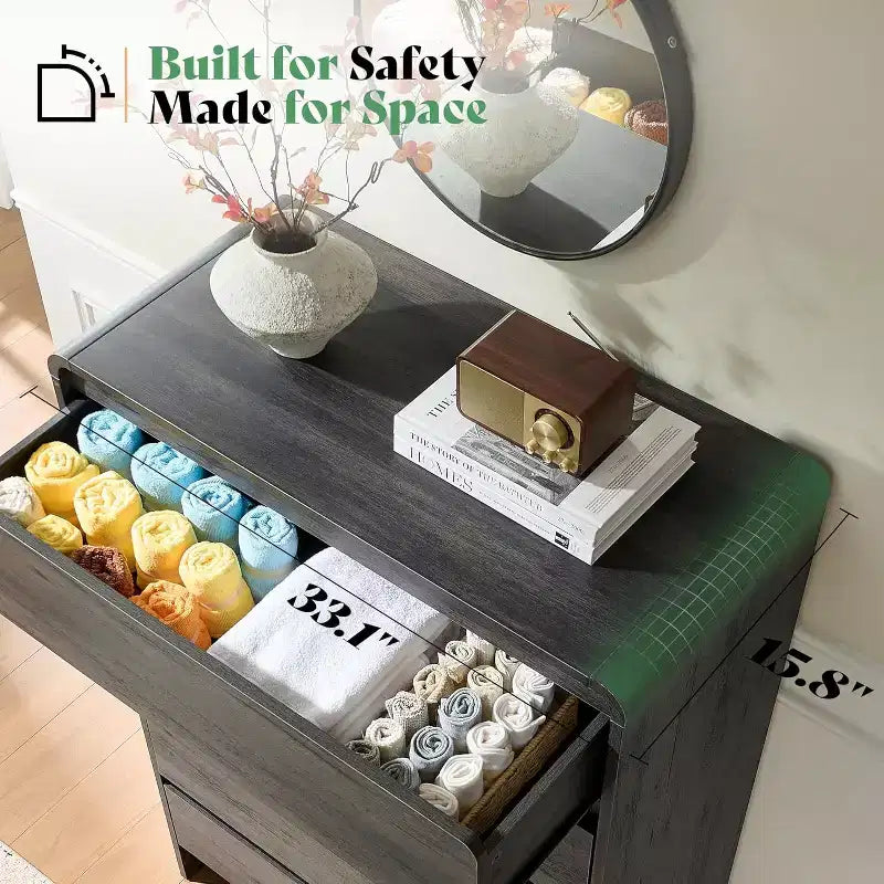 Commode de rangement moderne à 5 tiroirs – Coins arrondis, Finition grain de bois, Assemblage facile
