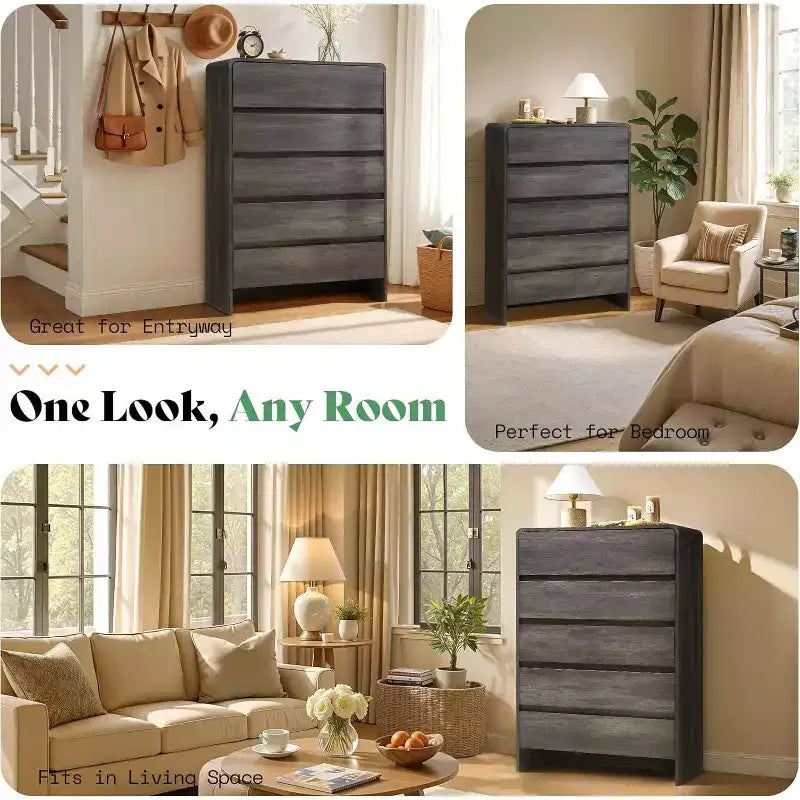 Commode de rangement moderne à 5 tiroirs – Coins arrondis, Finition grain de bois, Assemblage facile