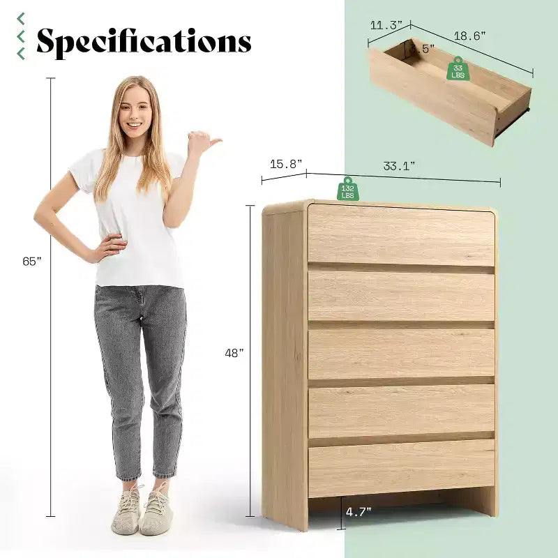 Commode de rangement moderne à 5 tiroirs – Coins arrondis, Finition grain de bois, Assemblage facile