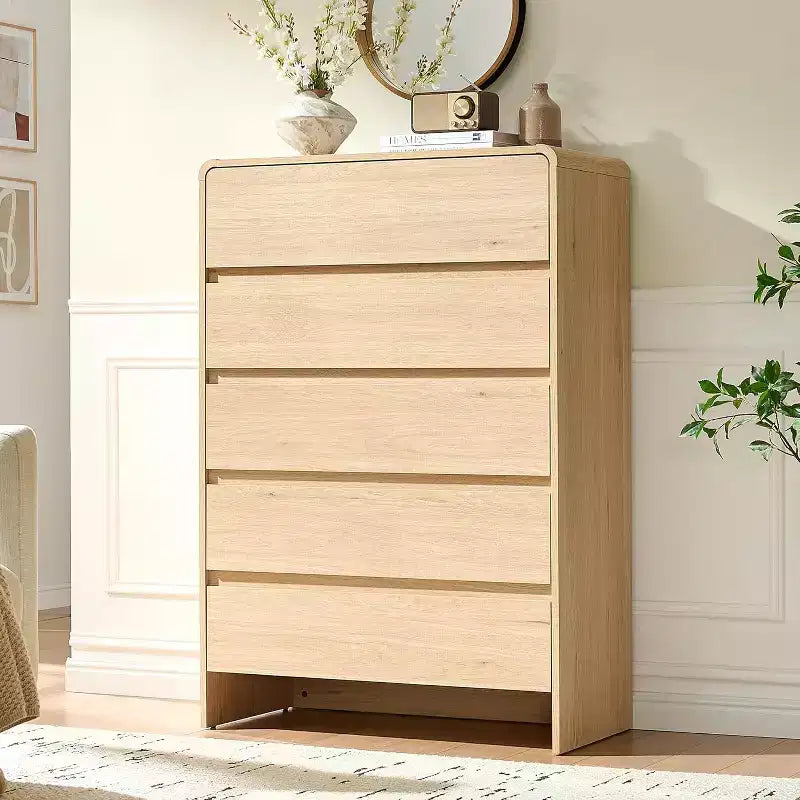 Commode de rangement moderne à 5 tiroirs – Coins arrondis, Finition grain de bois, Assemblage facile