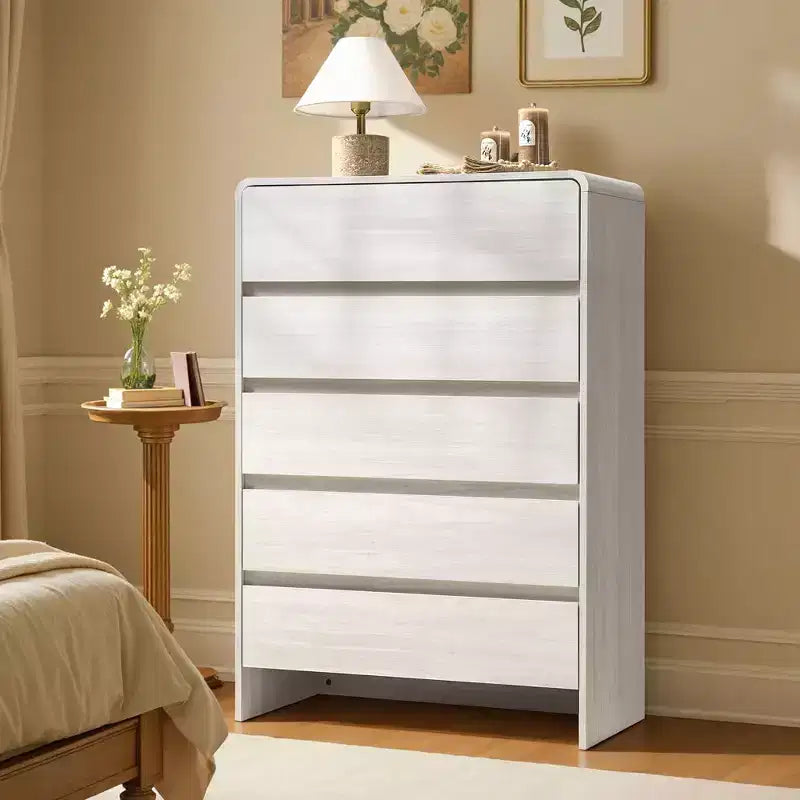Commode de rangement moderne à 5 tiroirs – Coins arrondis, Finition grain de bois, Assemblage facile