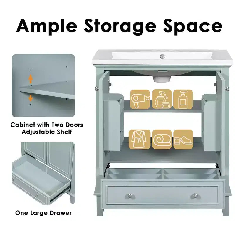 Meuble sous-vasque 30 po sans lavabo – Vert, MDF, rangement avec tiroir et porte