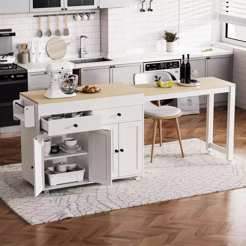 Îlot de cuisine blanc cassé de 74,5 pouces avec table à manger extensible, îlot de cuisine roulant sur roulettes pour cuisine et salle à manger