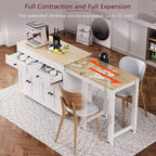 Îlot de cuisine blanc cassé de 74,5 pouces avec table à manger extensible, îlot de cuisine roulant sur roulettes pour cuisine et salle à manger