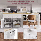 Îlot de cuisine blanc cassé de 74,5 pouces avec table à manger extensible, îlot de cuisine roulant sur roulettes pour cuisine et salle à manger