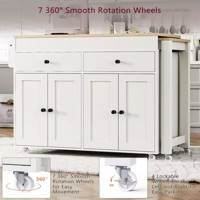 Îlot de cuisine blanc cassé de 74,5 pouces avec table à manger extensible, îlot de cuisine roulant sur roulettes pour cuisine et salle à manger