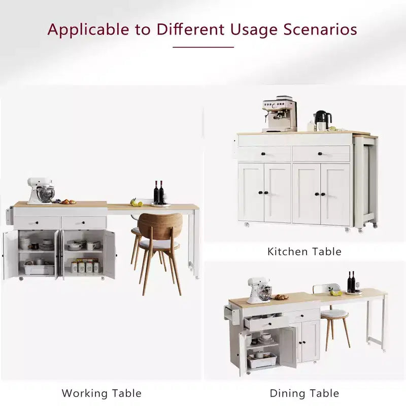 Îlot de cuisine blanc cassé de 74,5 pouces avec table à manger extensible, îlot de cuisine roulant sur roulettes pour cuisine et salle à manger