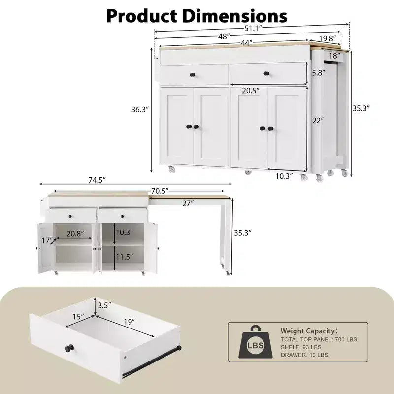 Îlot de cuisine blanc cassé de 74,5 pouces avec table à manger extensible, îlot de cuisine roulant sur roulettes pour cuisine et salle à manger