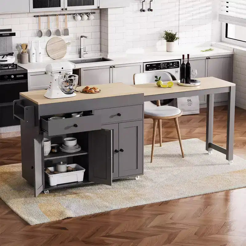 Îlot de cuisine blanc cassé de 74,5 pouces avec table à manger extensible, îlot de cuisine roulant sur roulettes pour cuisine et salle à manger