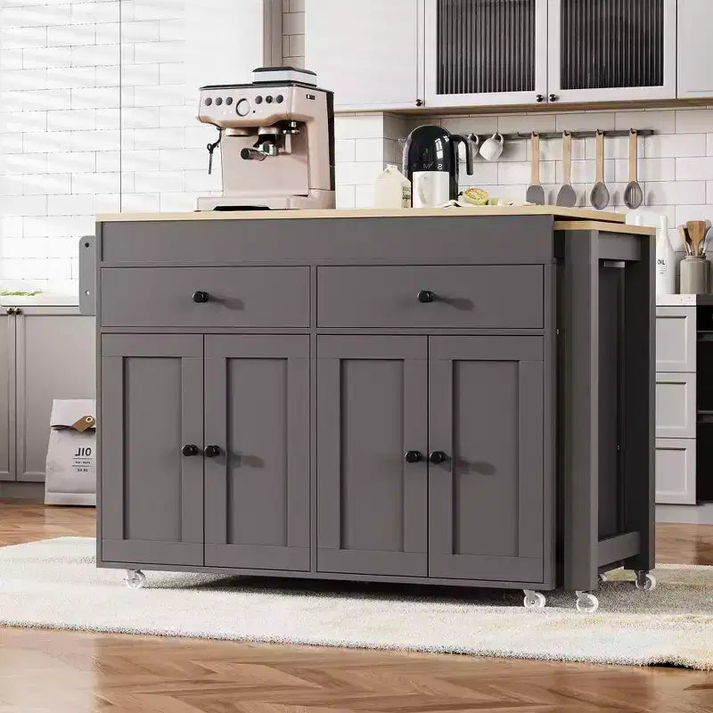 Îlot de cuisine blanc cassé de 74,5 pouces avec table à manger extensible, îlot de cuisine roulant sur roulettes pour cuisine et salle à manger