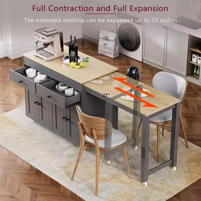 Îlot de cuisine blanc cassé de 74,5 pouces avec table à manger extensible, îlot de cuisine roulant sur roulettes pour cuisine et salle à manger