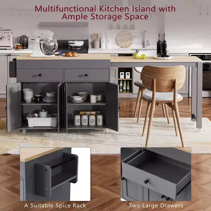 Îlot de cuisine blanc cassé de 74,5 pouces avec table à manger extensible, îlot de cuisine roulant sur roulettes pour cuisine et salle à manger
