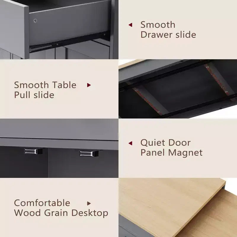 Îlot de cuisine blanc cassé de 74,5 pouces avec table à manger extensible, îlot de cuisine roulant sur roulettes pour cuisine et salle à manger