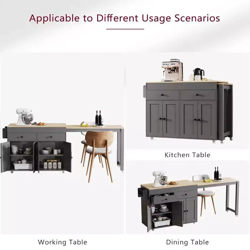 Îlot de cuisine blanc cassé de 74,5 pouces avec table à manger extensible, îlot de cuisine roulant sur roulettes pour cuisine et salle à manger