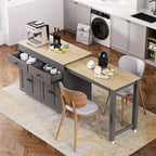 Îlot de cuisine blanc cassé de 74,5 pouces avec table à manger extensible, îlot de cuisine roulant sur roulettes pour cuisine et salle à manger