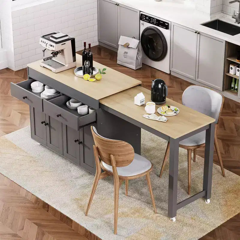 Îlot de cuisine blanc cassé de 74,5 pouces avec table à manger extensible, îlot de cuisine roulant sur roulettes pour cuisine et salle à manger