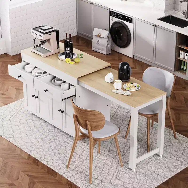 74.5 inch Off White Kitchen Island with Extendable Dining Table Rolling Kitchen Island on Wheels for Kitchen Dining Room