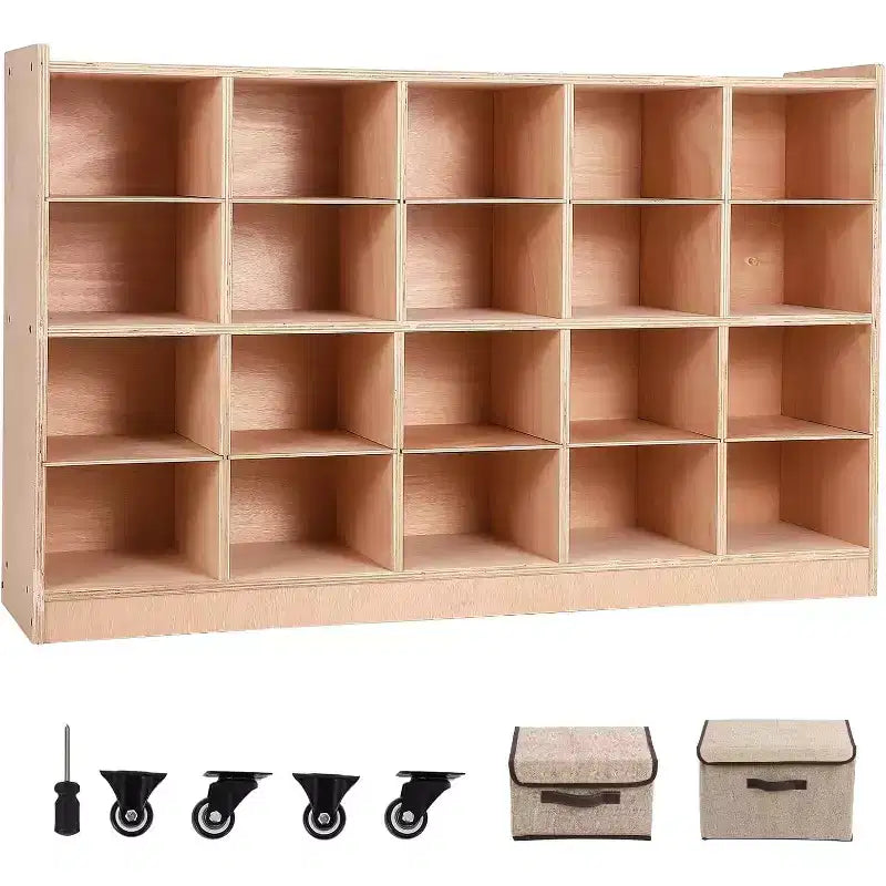Classroom Coat Locker with Cubbies, Double Side Coat Hooks, Anti-tip Anchors, Casters, Hooks and Storage Boxes,for Classrooms Playrooms