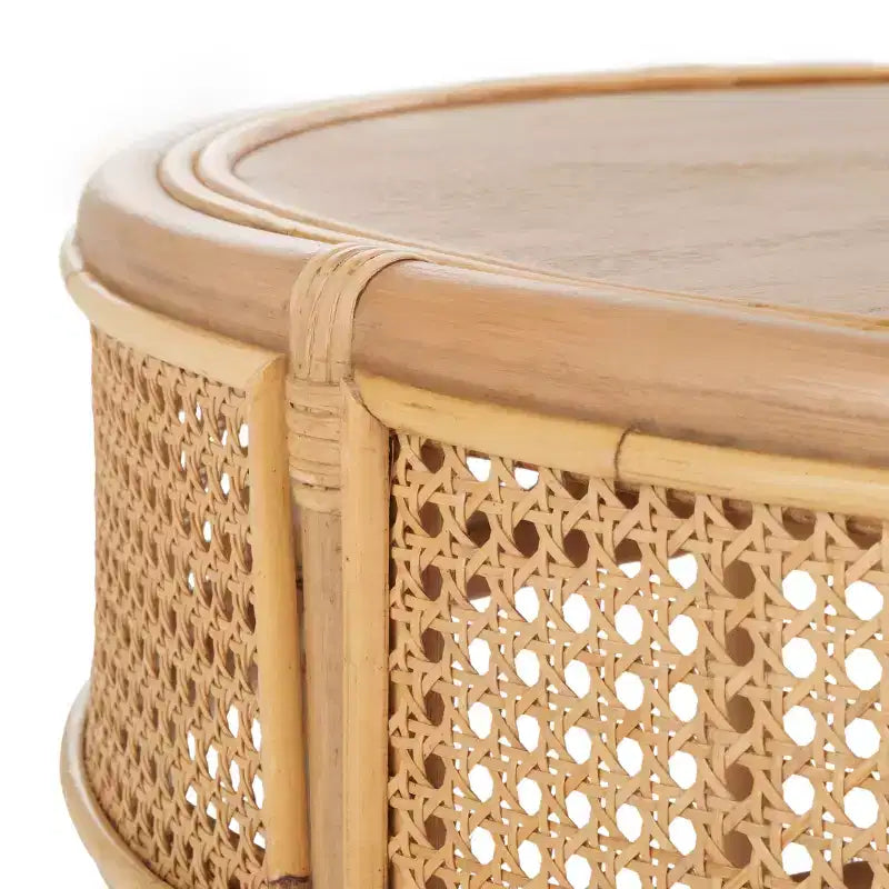 Table basse ronde – Structure en bois de manguier, plateau en rotin naturel, style tropical, aucun assemblage requis