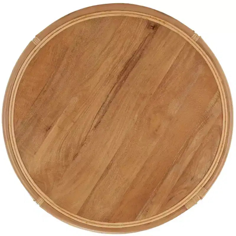 Table basse ronde – Structure en bois de manguier, plateau en rotin naturel, style tropical, aucun assemblage requis