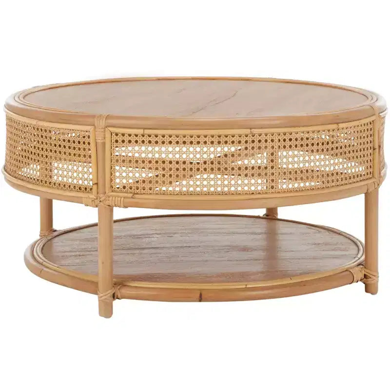 Table basse ronde – Structure en bois de manguier, plateau en rotin naturel, style tropical, aucun assemblage requis