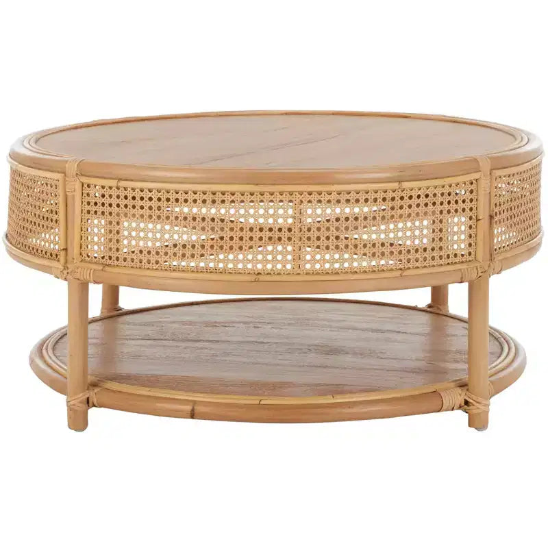 Table basse ronde – Structure en bois de manguier, plateau en rotin naturel, style tropical, aucun assemblage requis