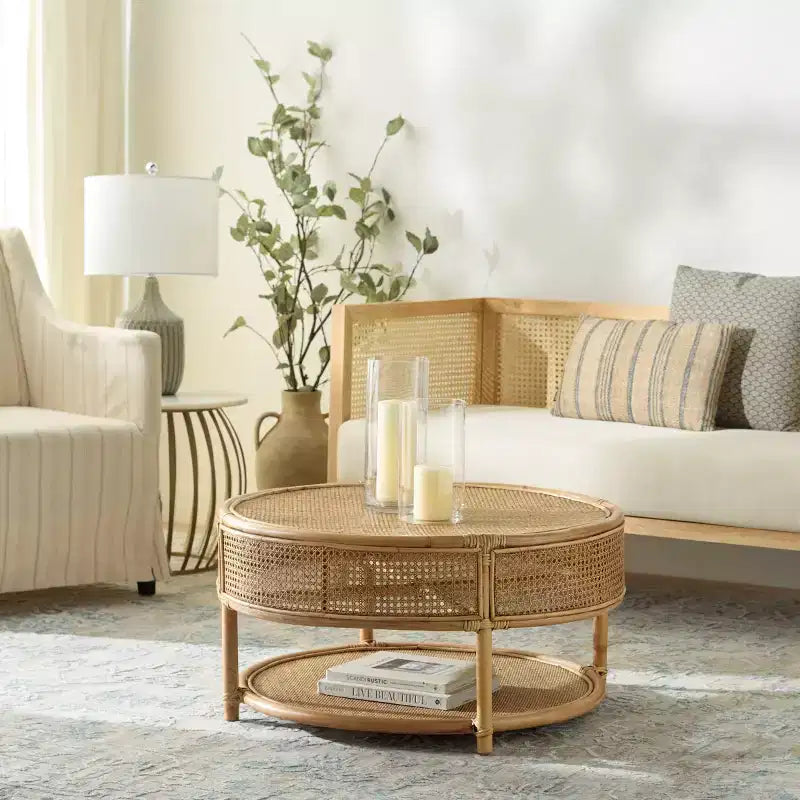 Table basse ronde – Structure en bois de manguier, plateau en rotin naturel, style tropical, aucun assemblage requis