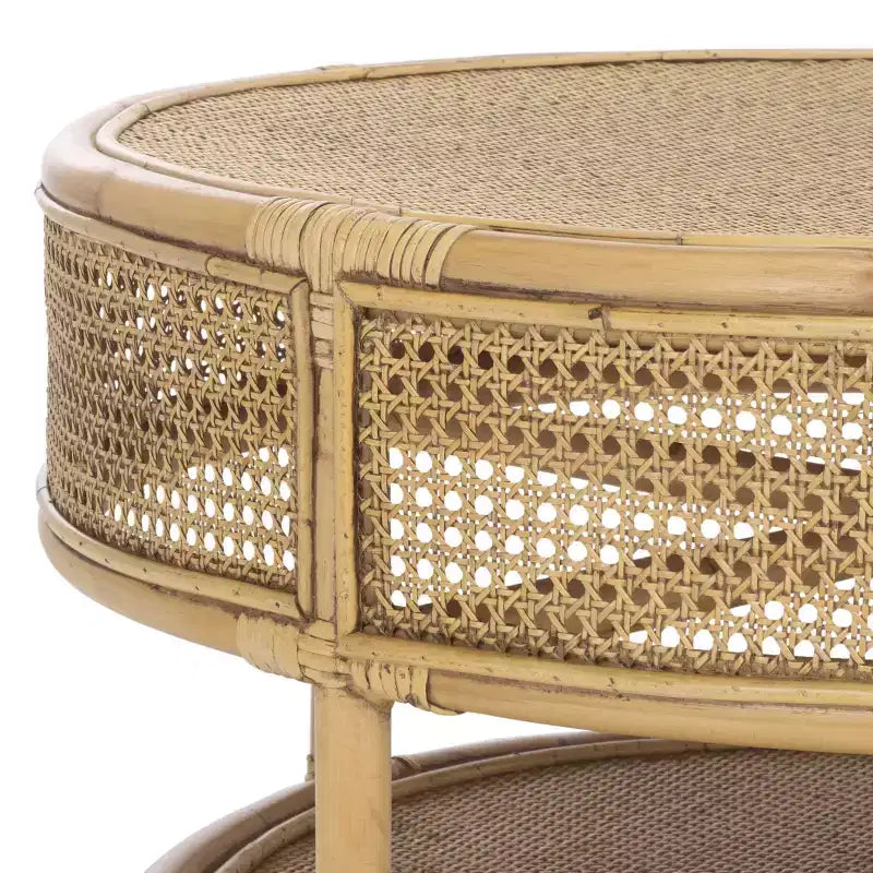 Table basse ronde – Structure en bois de manguier, plateau en rotin naturel, style tropical, aucun assemblage requis