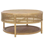 Table basse ronde – Structure en bois de manguier, plateau en rotin naturel, style tropical, aucun assemblage requis
