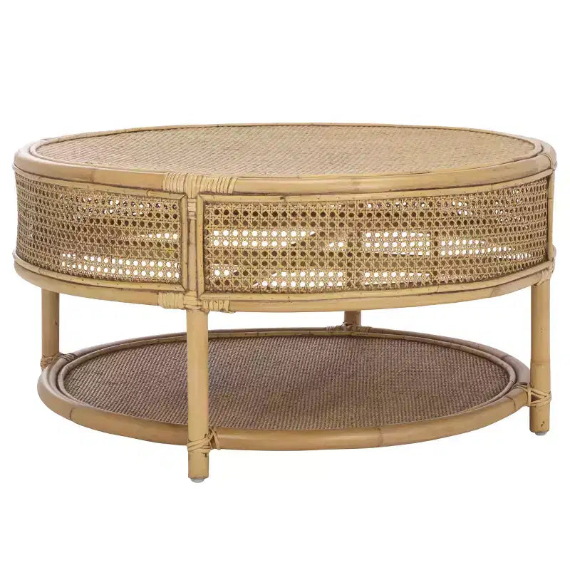 Table basse ronde – Structure en bois de manguier, plateau en rotin naturel, style tropical, aucun assemblage requis