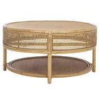 Table basse ronde – Structure en bois de manguier, plateau en rotin naturel, style tropical, aucun assemblage requis