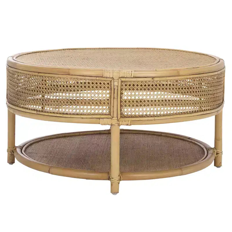 Table basse ronde – Structure en bois de manguier, plateau en rotin naturel, style tropical, aucun assemblage requis
