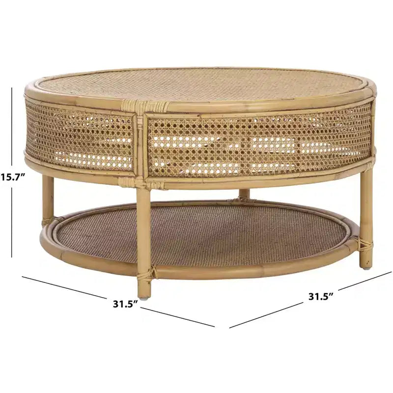 Table basse ronde – Structure en bois de manguier, plateau en rotin naturel, style tropical, aucun assemblage requis