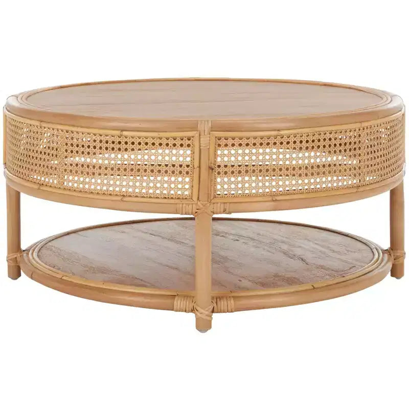 Table basse ronde – Structure en bois de manguier, plateau en rotin naturel, style tropical, aucun assemblage requis