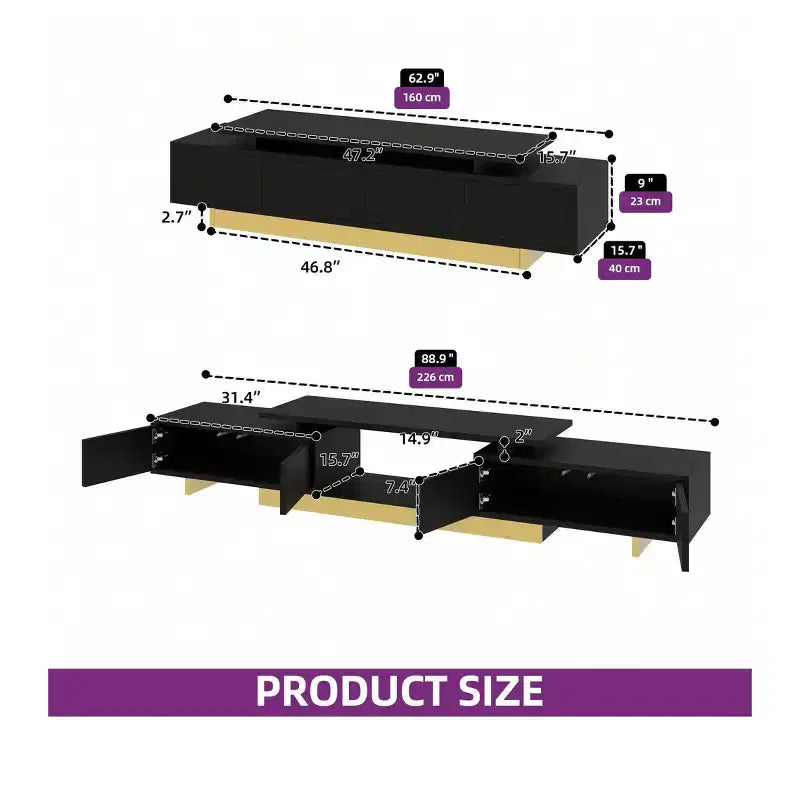 Meuble TV extensible, centre de divertissement moderne pour téléviseurs jusqu'à 89 pouces, meuble console TV avec 2 placards et étagère ouverte pour salon