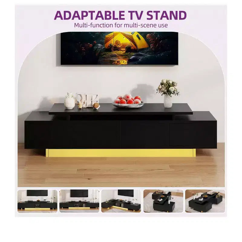 Meuble TV extensible, centre de divertissement moderne pour téléviseurs jusqu'à 89 pouces, meuble console TV avec 2 placards et étagère ouverte pour salon