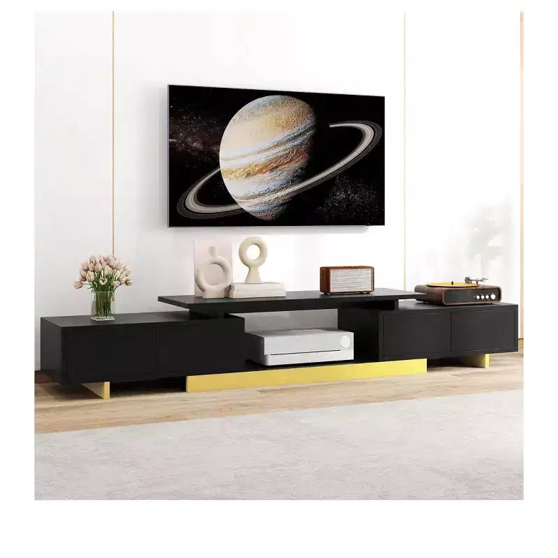 Meuble TV extensible, centre de divertissement moderne pour téléviseurs jusqu'à 89 pouces, meuble console TV avec 2 placards et étagère ouverte pour salon