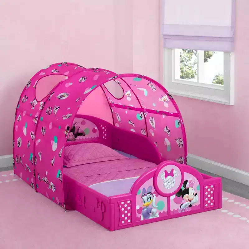 Lit à baldaquin pour tout-petit Minnie Mouse – Cadre en plastique, barrières de sécurité, enceinte de jeu polyvalente