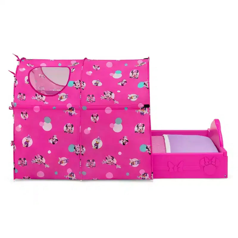 Lit à baldaquin pour tout-petit Minnie Mouse – Cadre en plastique, barrières de sécurité, enceinte de jeu polyvalente