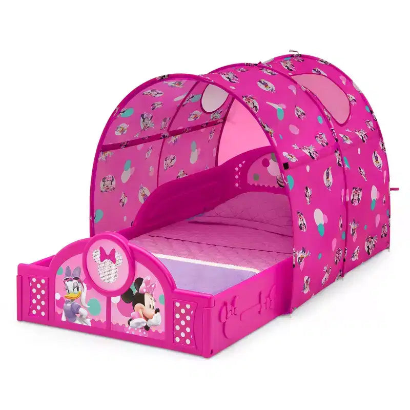 Lit à baldaquin pour tout-petit Minnie Mouse – Cadre en plastique, barrières de sécurité, enceinte de jeu polyvalente